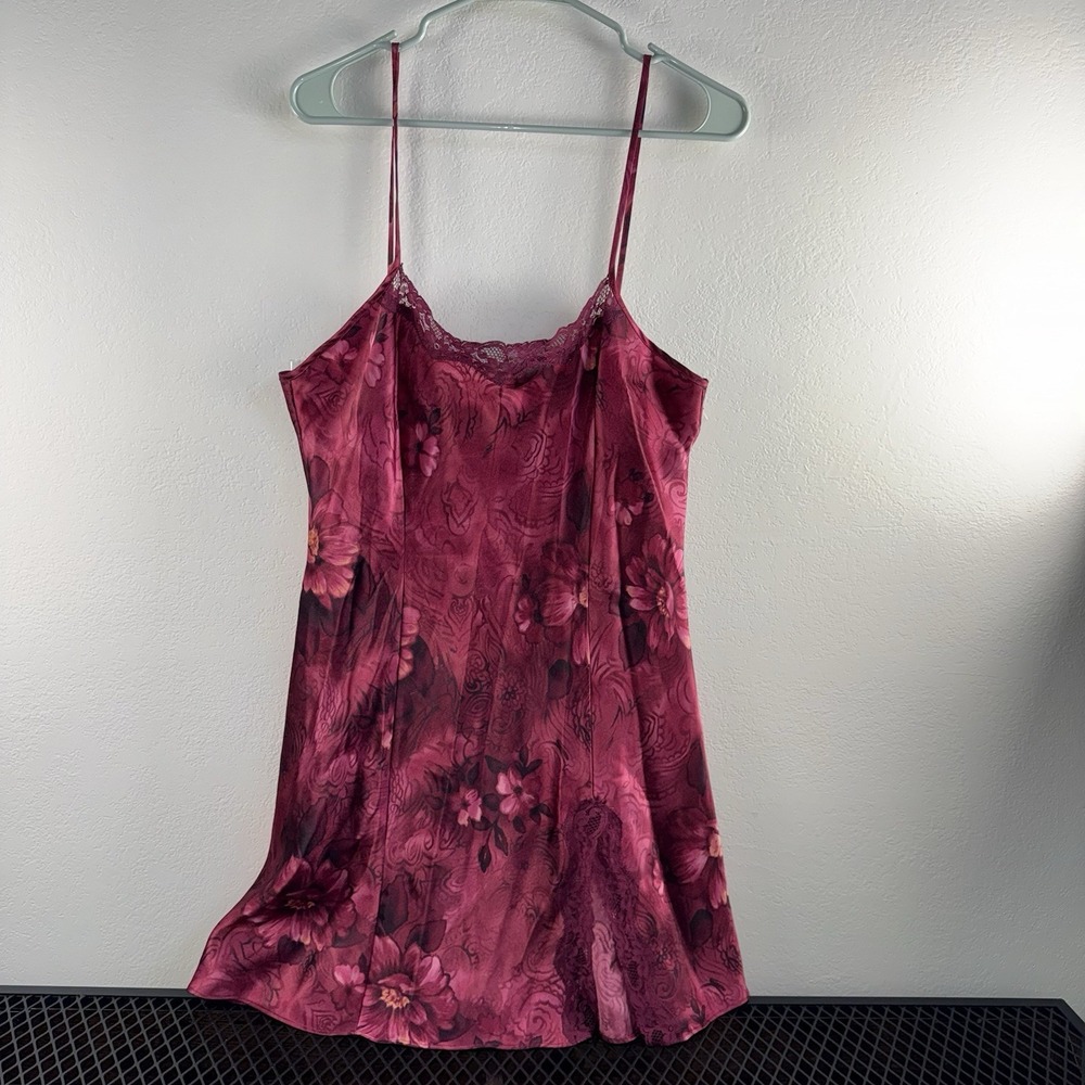 VTG Expressions Floral Satin Camisole Top Lace Trim Y2K Lingerie Pink M Slip
